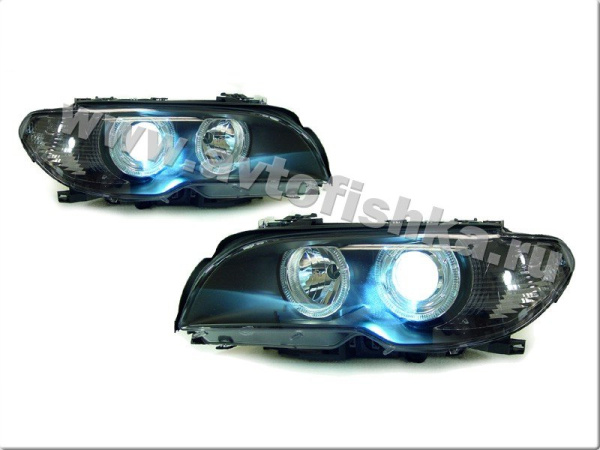 BMW 3 E46 (03-06) 2 дв. фары передние линзовые черные, со светящимися ободками, с мотором электрокорректора, комплект 2 шт.