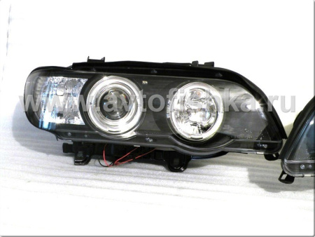 BMW X5 (1998-2003) фары передние линзовые черные, со светящимися ободками, комплект 2 шт.