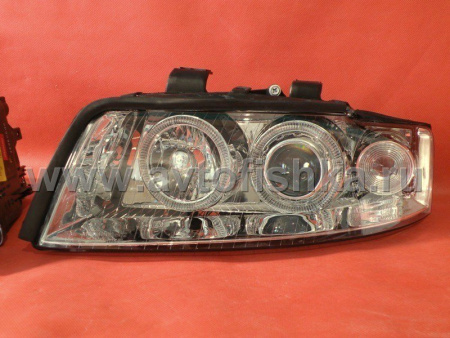 Audi A4 (01-04) фары передние линзовые хромированные, со светящимися ободками, под ксенон и корректор, комплект 2 шт.