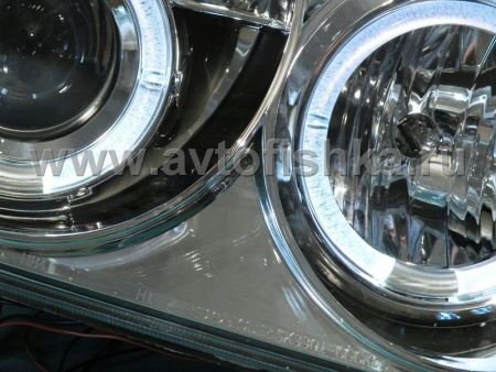 Jeep Grand Cherokee (04-07) фары передние линзовые хромированные, со светящимися ободками CCFL и светодиодами, комплект 2 шт.