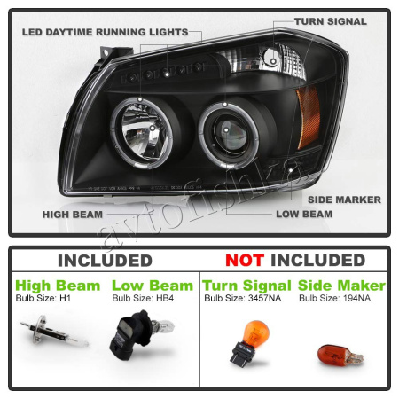 Dodge Magnum (05-08) фары передние линзовые черные, со светящимися ободками и светодиодной подсветкой, комплект 2 шт.