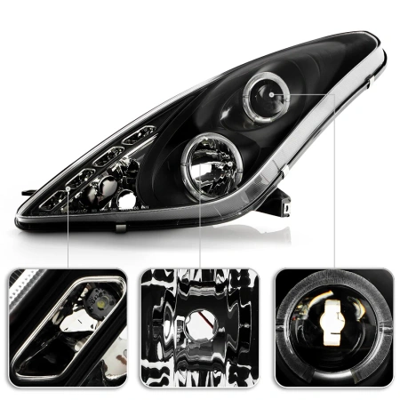 Toyota Celica 2000-2005 фары передние линзованные черные с ангельскими глазками и DRL ходовыми огнями