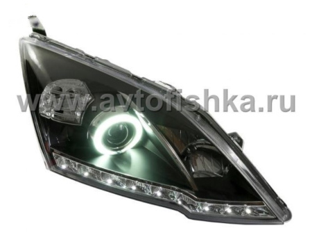 Honda CR-V III (06-) фары передние линзовые черные, со светящимися ободками и подсветкой DRL, комплект 2 шт.