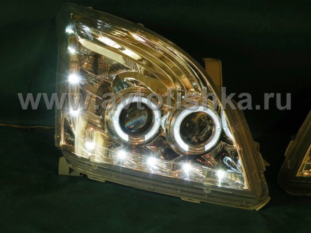 Toyota Land Cruiser Prado 120 (2002-2009) фары передние линзовые хромированные со светящимися ободками и светодиодной подсветкой под корректор, комплект 2 шт.