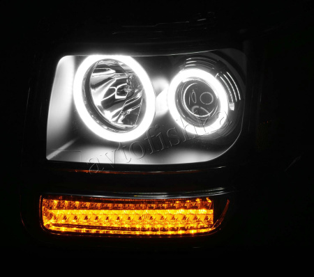 Dodge Nitro (07-) фары передние линзовые черные, со светящимися ободками и светодиодной подсветкой, комплект 2 шт.
