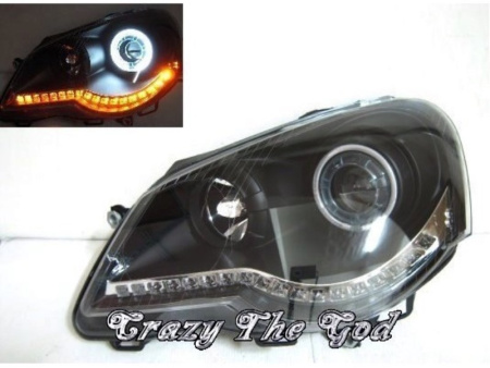 Volkswagen Polo (05-) фары передние черные, со светящимися ободками и светодиодной подсветкой, комплект 2 шт.