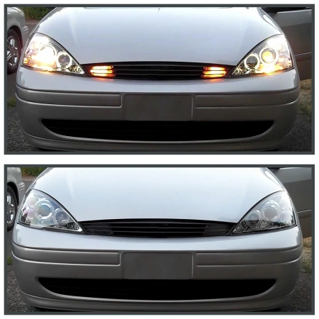 Ford Focus 1 (2000-2004) передние фары линзованные хром, со светящимися ободками