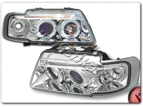 Audi A3 (96-02) фары передние линзовые хромированные, со светящимися ободками, со светодиодами, комплект 2 шт.