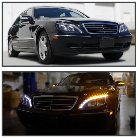 Mercedes S W220 (98-05) фары передние линзовые черные, с подсветкой DRL