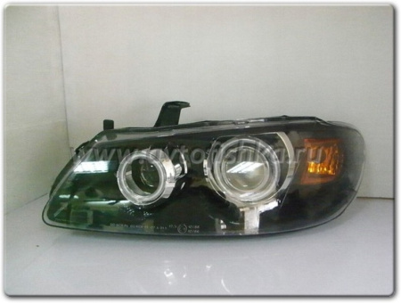 Nissan Almera II N16 (00-06) фары передние линзовые черные, со светящимися ободками, комплект 2 шт.