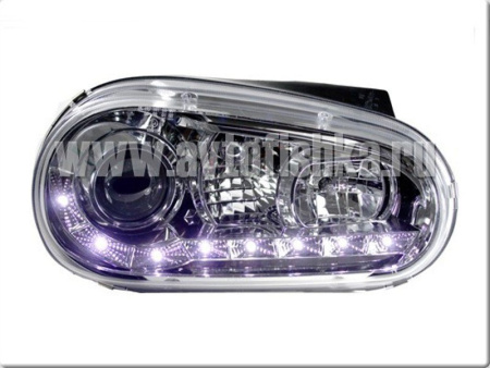Volkswagen Golf 4 (98-03) фары передние линзовые хромированные, с нижней светодиодной подсветкой, комплект 2 шт.