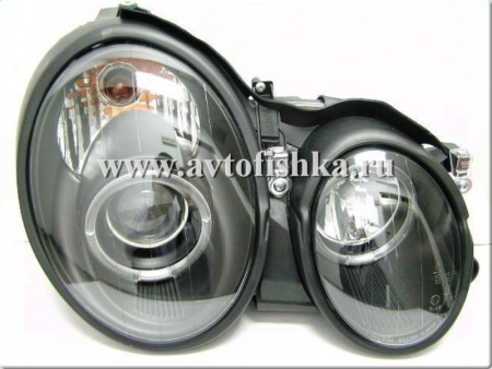 Mercedes CLK W208 (98-02) фары передние линзовые черные со светящимися ободками, с электрокорректором, комплект 2 шт.