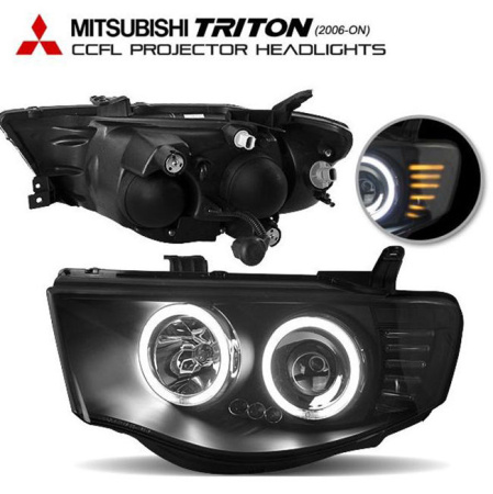 Mitsubishi L200 Triton (05-) фары передние линзовые внутри черные, со светящимися ободками, комплект 2 шт.