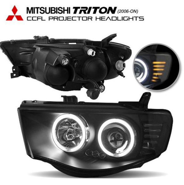 Mitsubishi L200 Triton (05-) фары передние линзовые внутри черные, со светящимися ободками, комплект 2 шт.
