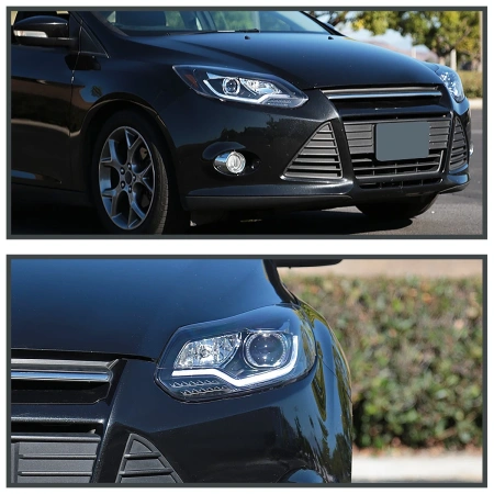 Ford Focus 3 (11-13) тюнинговые фары линзовые со светящейся полосой, черные