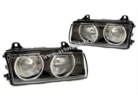 BMW 3 E36 (91-99) 2, 4 дв. фары передние черные со светящимися ободками, комплект 2 шт.