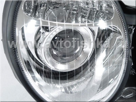 Mercedes E W210 (95-99) фары передние линзованные хромированные, вакуум корректор, комплект 2 шт.
