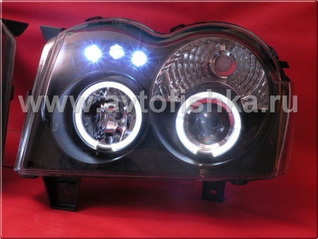 Jeep Grand Cherokee (04-07) фары передние линзовые черные, со светящимися ободками CCFL и светодиодами, комплект 2 шт.