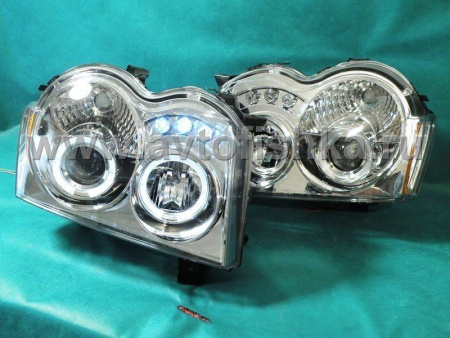 Jeep Grand Cherokee (04-07) фары передние линзовые хромированные, со светящимися ободками CCFL и светодиодами, комплект 2 шт.