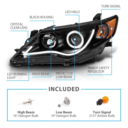 Toyota Camry XV50 дорестайл (2012-2014) передние тюнинговые черные линзовые фары со светодиодной подсветкой в стиле Audi