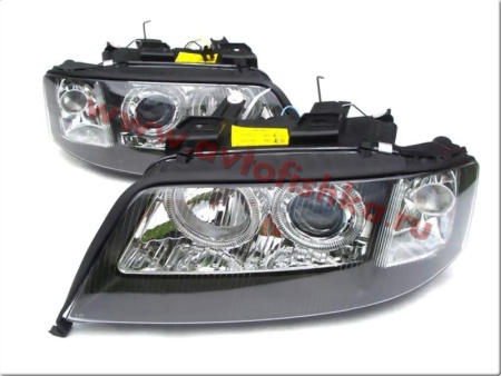 Audi A6 Allroad (01-05) фары передние линзовые черные, со светящимися ободками, под корректор, комплект 2 шт.