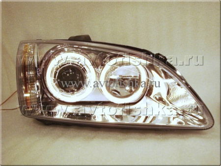 Ford Focus 2 (05-07) фары передние линзовые хромированные, со светящимися ободками, комплект 2 шт.
