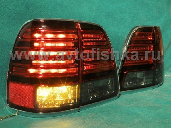 Toyota Land Cruiser 100 (98-07) фонари задние светодиодные красно-тонированные, внешние и внутренние, дизайн Lexus, с хром отделкой, комплект лев.+прав.