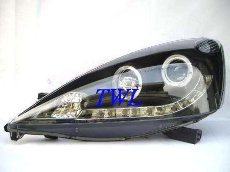 Honda Fit, Jazz (07-) GE, фары передние линзовые черные, со светящимися ободками и светодиодной подсветкой, комплект 2 шт.