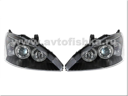 Ford Focus 1 (98-04) Europe+USA фары передние линзовые черные, со светящимися ободками, под ксенон, комплект 2 шт.