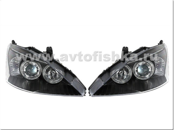 Ford Focus 1 (98-04) Europe+USA фары передние линзовые черные, со светящимися ободками, под ксенон, комплект 2 шт.