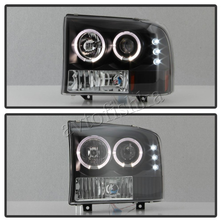 Ford Excursion (00-05) фары передние линзовые черные со светящимися ободками, со светодиодной подсветкой, комплект 2 шт.