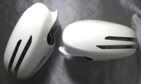 Mercedes W219, W221 (05-09) корпуса боковых зеркал белый перламутр или под покраску, с поворотниками СТРЕЛА и подсветкой Welcome, комплект 2 шт.