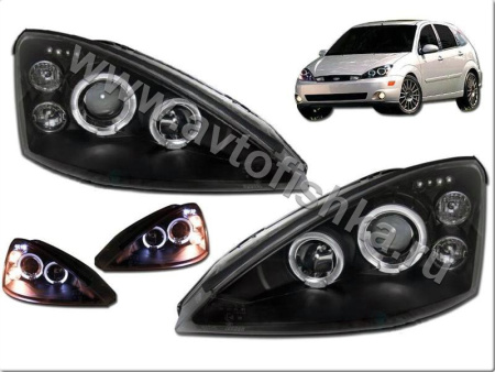 Ford Focus 1 (98-04) Europe+USA фары передние линзовые черные, со светящимися ободками, комплект 2 шт.