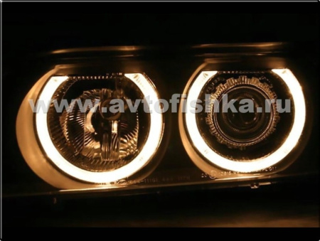 BMW X5 (98-03) передние фары линзовые черные, со светящимися ободками, под штатный ксенон, с моторами электрокорректора, комплект 2 шт.