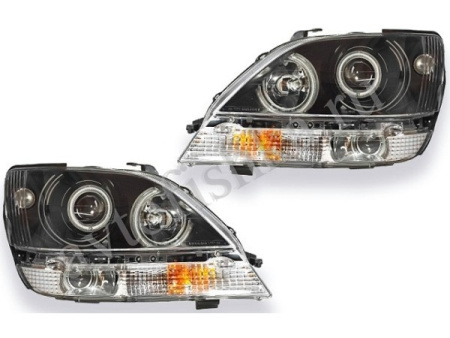 Lexus RX300 (97-03) фары передние линзовые черные, со светящимися ободками, комплект 2 шт.