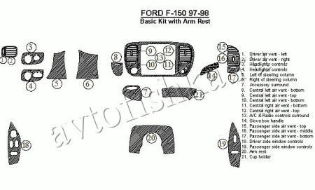 Декоративные накладки салона Ford F-150 1997-1998 базовый набор, с подлокотником, 21 элементов.