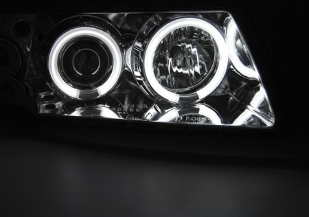 Volkswagen Passat B5 (97-00) фары передние линзовые хромированные, со светящимися ободками, комплект 2 шт.