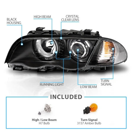 BMW 3 E46 (1998-2001) 4 дв. фары передние линзовые черные, со светящимися ободками, с поворотниками