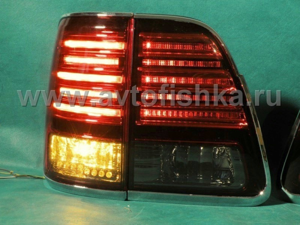 Toyota Land Cruiser 100 (98-07) фонари задние светодиодные красно-тонированные, внешние и внутренние, дизайн Lexus, с хром отделкой, комплект лев.+прав.