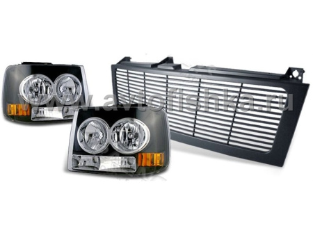 Chevrolet Tahoe, Suburban, Silverado (99-06) тюнинг комплект - фары передние черные, со светящимися ободками и решетка радиатора черная, установочный комплект