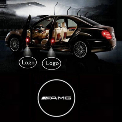 Лазерная подсветка Welcome со светящимся логотипом AMG в черном металлическом корпусе, комплект 2 шт.