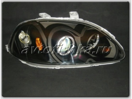 Honda Civic (96-98) 2, 3, 4 дв. фары передние линзовые черные, со светящимися ободками, комплект 2 шт.
