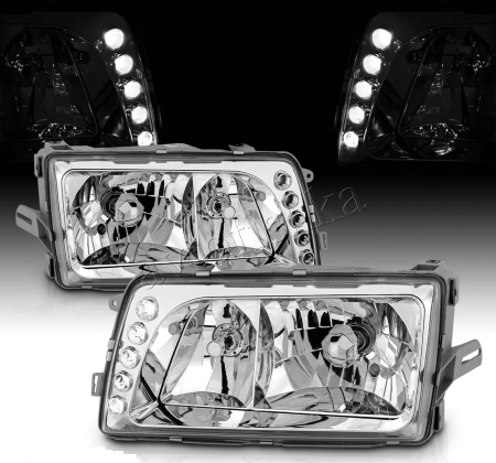 Mercedes S W126 (80-92) фары передние хромированные со светодиодными габаритными огнями, комплект 2 шт.
