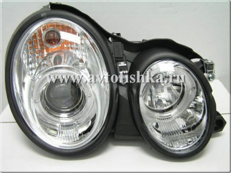 Mercedes CLK W208 (98-02) фары передние линзованные хромированные, со светящимися ободками, с электрокорректором, комплект 2 шт.