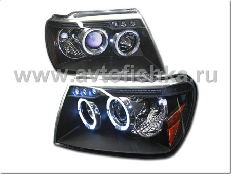 Jeep Grand Cherokee (99-04) фары передние линзовые черные, со светящимися ободками, комплект 2 шт.