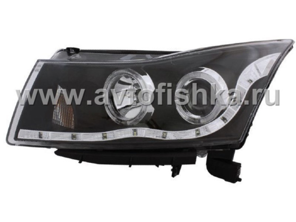 Chevrolet Cruze (08-) черные линзовые передние фары со светящимися ободками и диодной подсветкой DRL, комплект 2 шт.