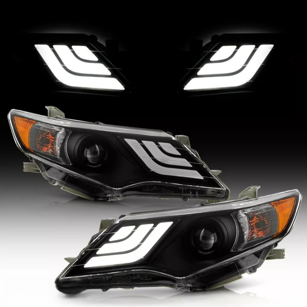 Toyota Camry XV50 дорестайл (2012-2014) передние тюнинговые черные линзовые фары со светодиодной подсветкой в стиле Volkswagen