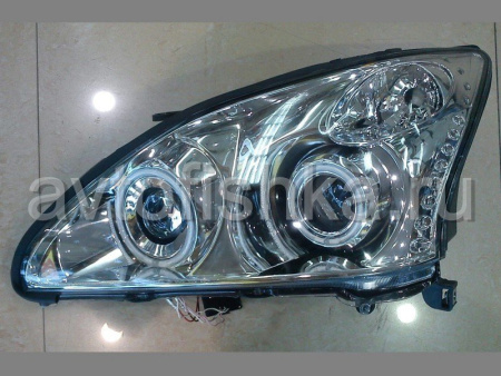 Lexus RX330, RX350 (2003-2008) фары передние линзовые хромированные, со светящимися ободками и светодиодной подсветкой, комплект 2 шт.