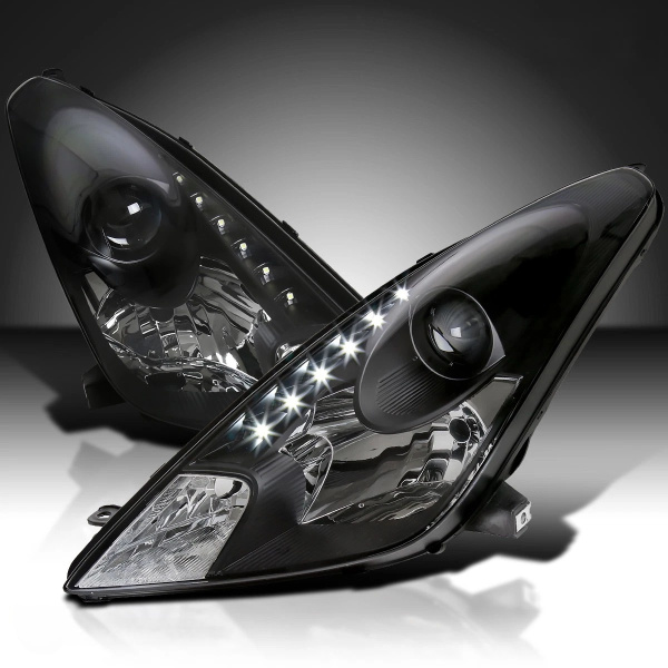 Toyota Celica 2000-2005 фары линзованные передние черные, с DRL ходовыми огнями