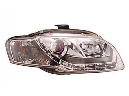 Audi A4 (05-07) передние линзовые фары хромированные, со светодиодной подсветкой, с электрокорректором, комплект 2 шт.